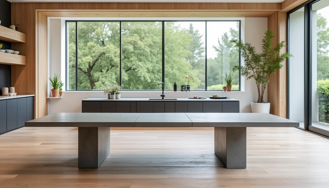 Découvrez notre table sur-mesure en béton ciré, un mobilier contemporain unique qui allie élégance et fonctionnalité. Personnalisez votre espace avec cette pièce maîtresse au design moderne, parfaite pour rehausser votre intérieur.
