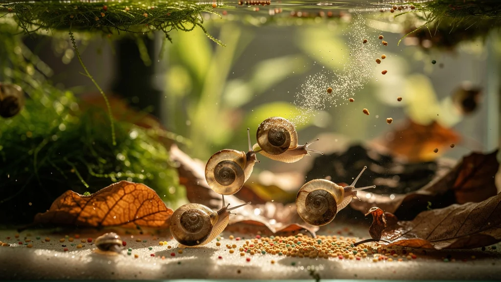 Aquarium avec escargots aquatiques mangeant des granulés riches en vitamines et algues naturelles