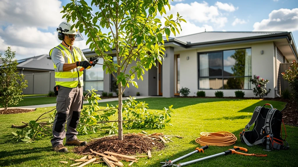 Arboriste élaguant un jeune arbre en jardin, illustrant le prix élagage arbre et les techniques professionnelles