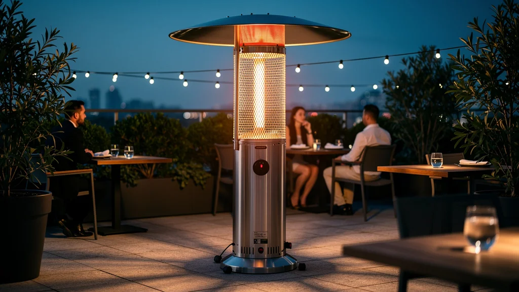 Chauffage parasol gaz moderne sur terrasse de restaurant, sécurité anti-basculement et flamme visible