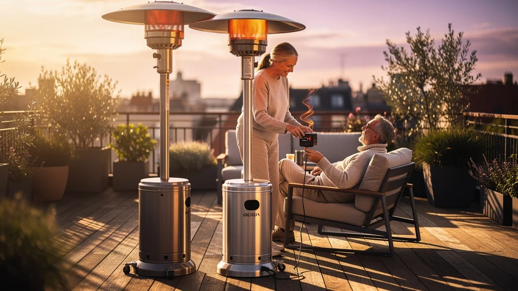Chauffage parasol gaz moderne sur terrasse, design mobile et éclairage chaleureux en soirée
