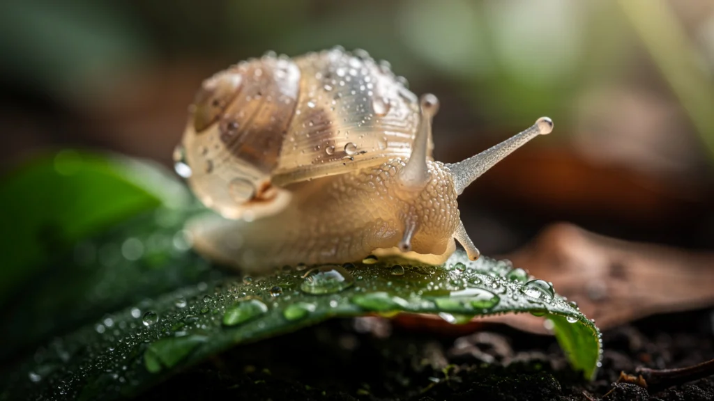 Escargot en gros plan explorant des feuilles humides, illustrant la nourriture pour escargot et son alimentation équilibrée