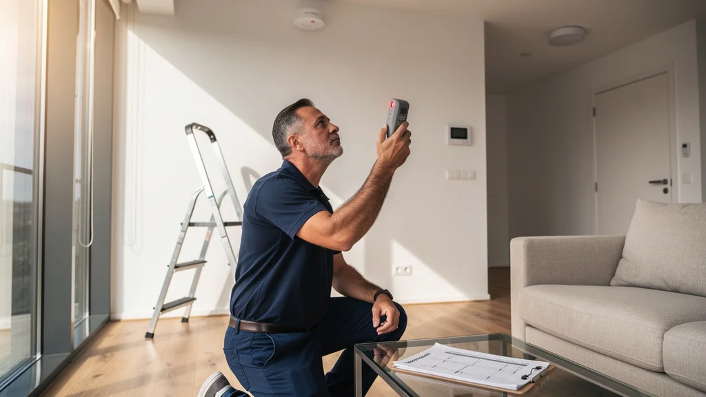 Inspecteur vérifiant la conformité et le bon état d’un détecteur de fumée lors d’un état des lieux