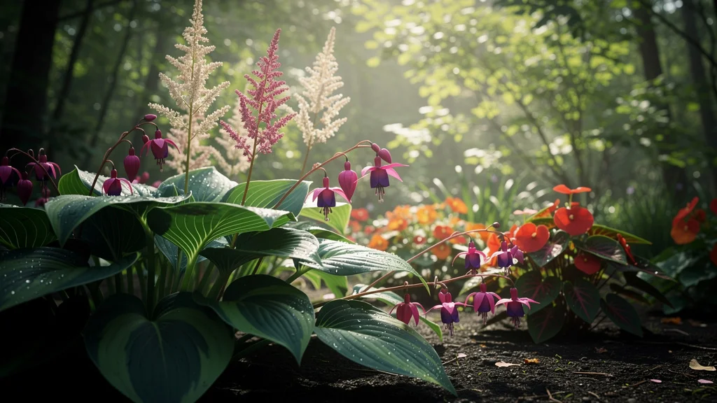 Jardin ombragé luxuriant avec fleurs d’ombre éclatantes en plein été, hostas, fuchsias et astilbes