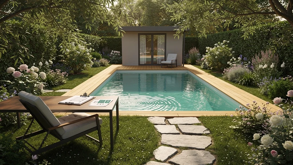 Piscine compacte dans petit jardin verdoyant, ambiance sereine et conseils administratifs en arrière-plan