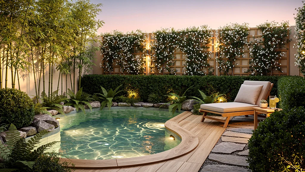 Piscine compacte dans un petit jardin urbain aménagé avec végétation luxuriante et ambiance paisible