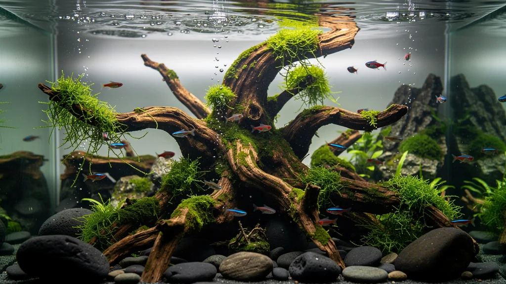 Racine naturelle tortueuse pour aquarium décor aquascaping avec mousse de java et roches