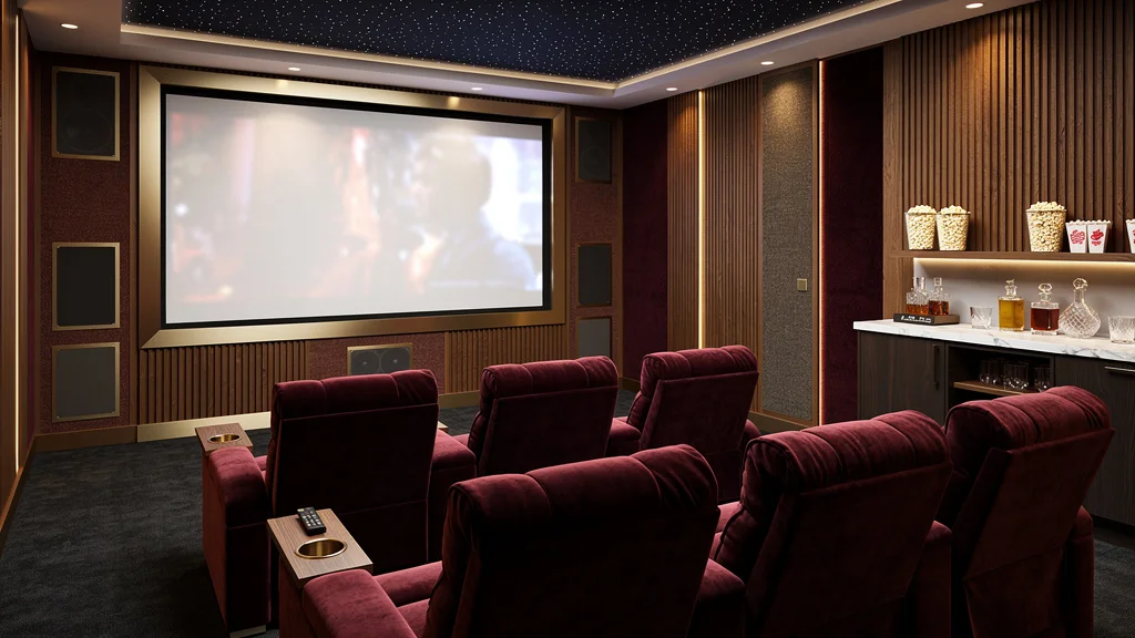 Salle de cinéma dans une maison avec fauteuils en velours et écran géant, ambiance chaleureuse et acoustique optimisée