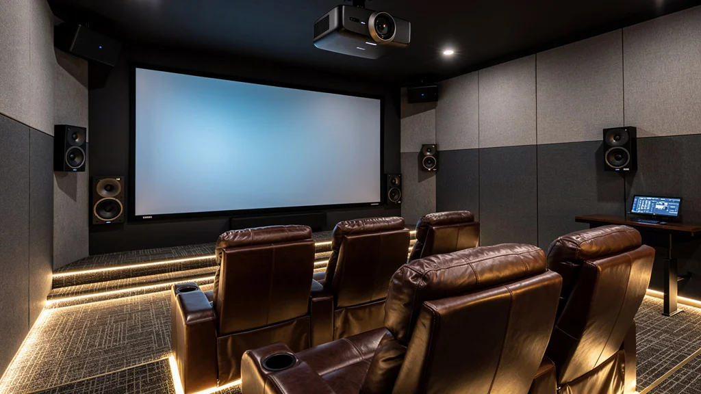 Salle de cinéma dans une maison avec vidéo-projecteur et sièges confortables, ambiance immersive et design moderne