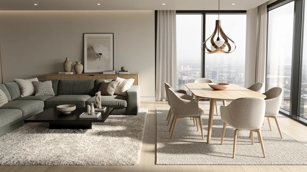 Salle à manger et salon dans la même pièce avec tapis délimitant élégamment les espaces