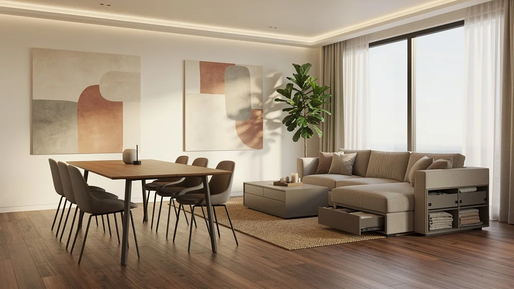 Salle à manger et salon modulables dans la même pièce, optimisant espace et style moderne