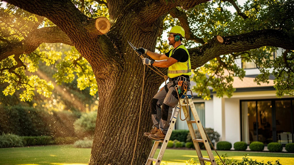 Élagage arbre professionnel illustrant prix et qualité avec un élagueur expérimenté en action